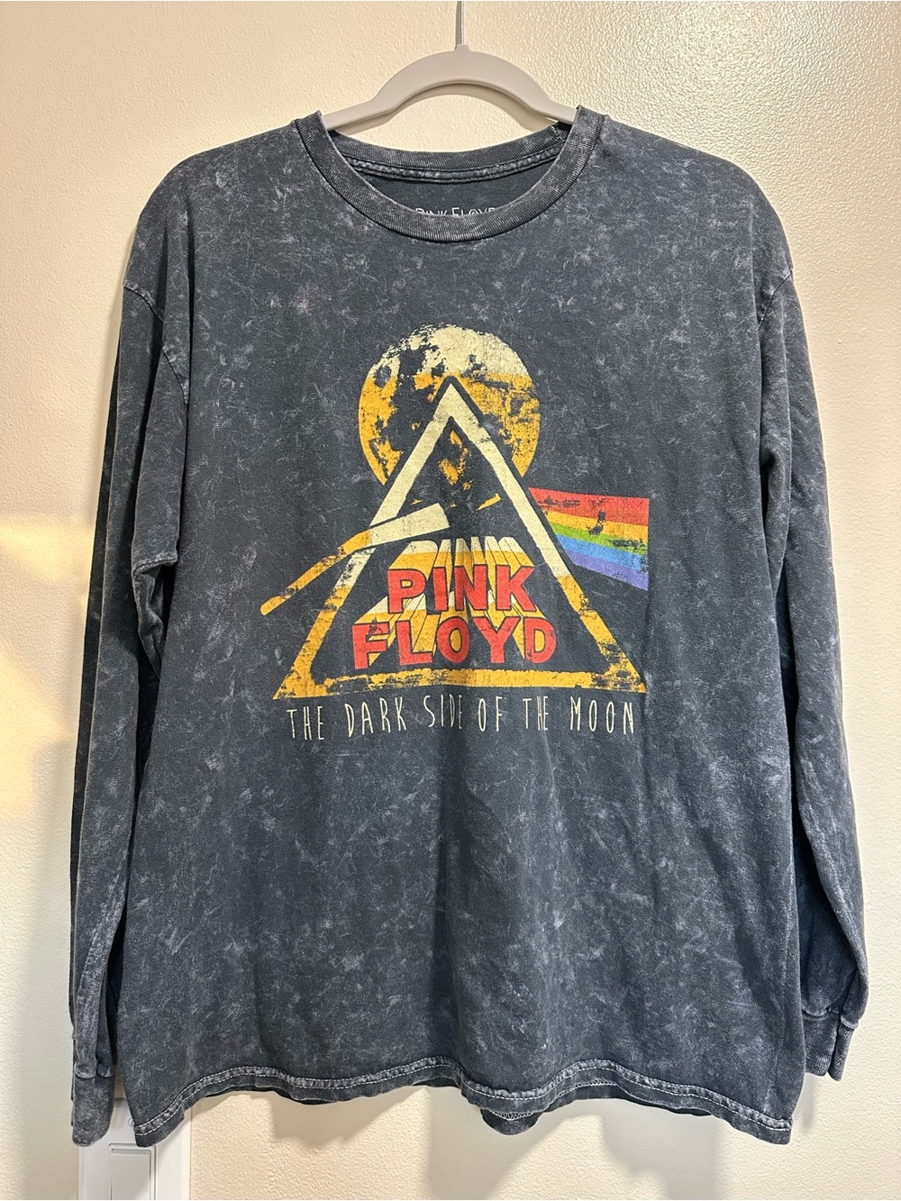 Pink Floyd Black Mineral Wash Long Sleeve with Yellow & Rainbow Prism Graphic
